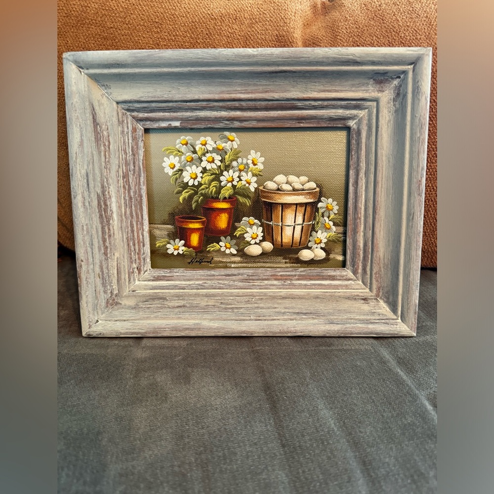 Mini Art Oil Painting Flower Signed Framed Farmhouse Cottage Granny Core Kitchen